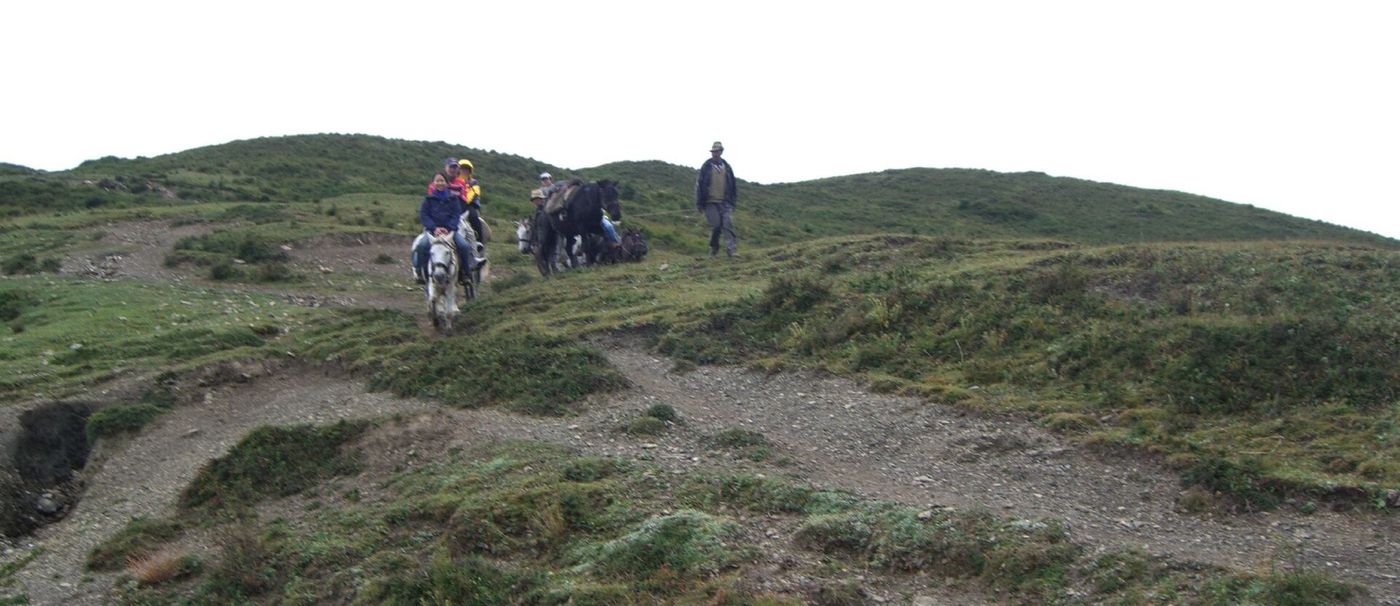 Riders on an open grassy mountain ridge